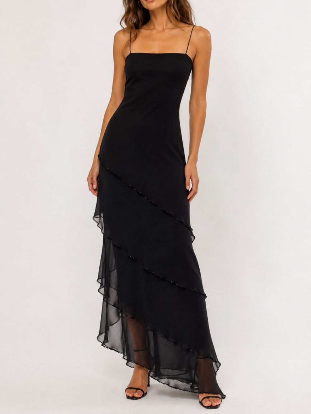Laundry by Shelli Segal Black Silk Beaded Asymmetric Slip Dress